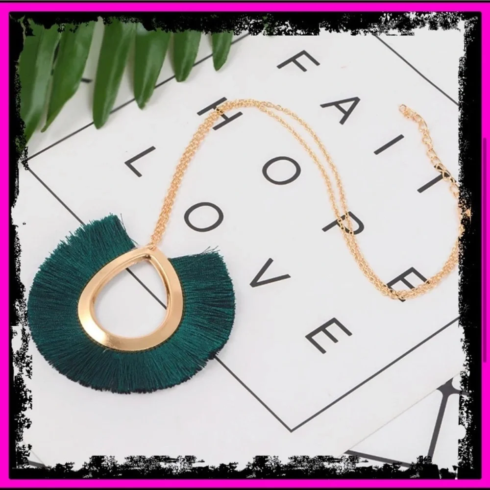 New Vintage Style Ethnic Green Tassel Boho 9k Gold Choker Statement Necklace - Picture 6 of 9